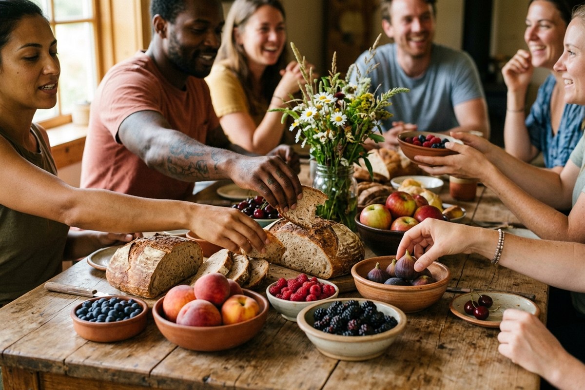 Hands sharing fruit, bread and flowers from an overflowing table