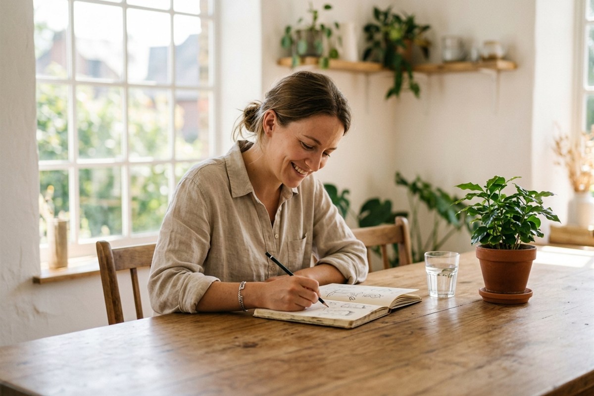 Person sketching calmly in a notebook in a bright room