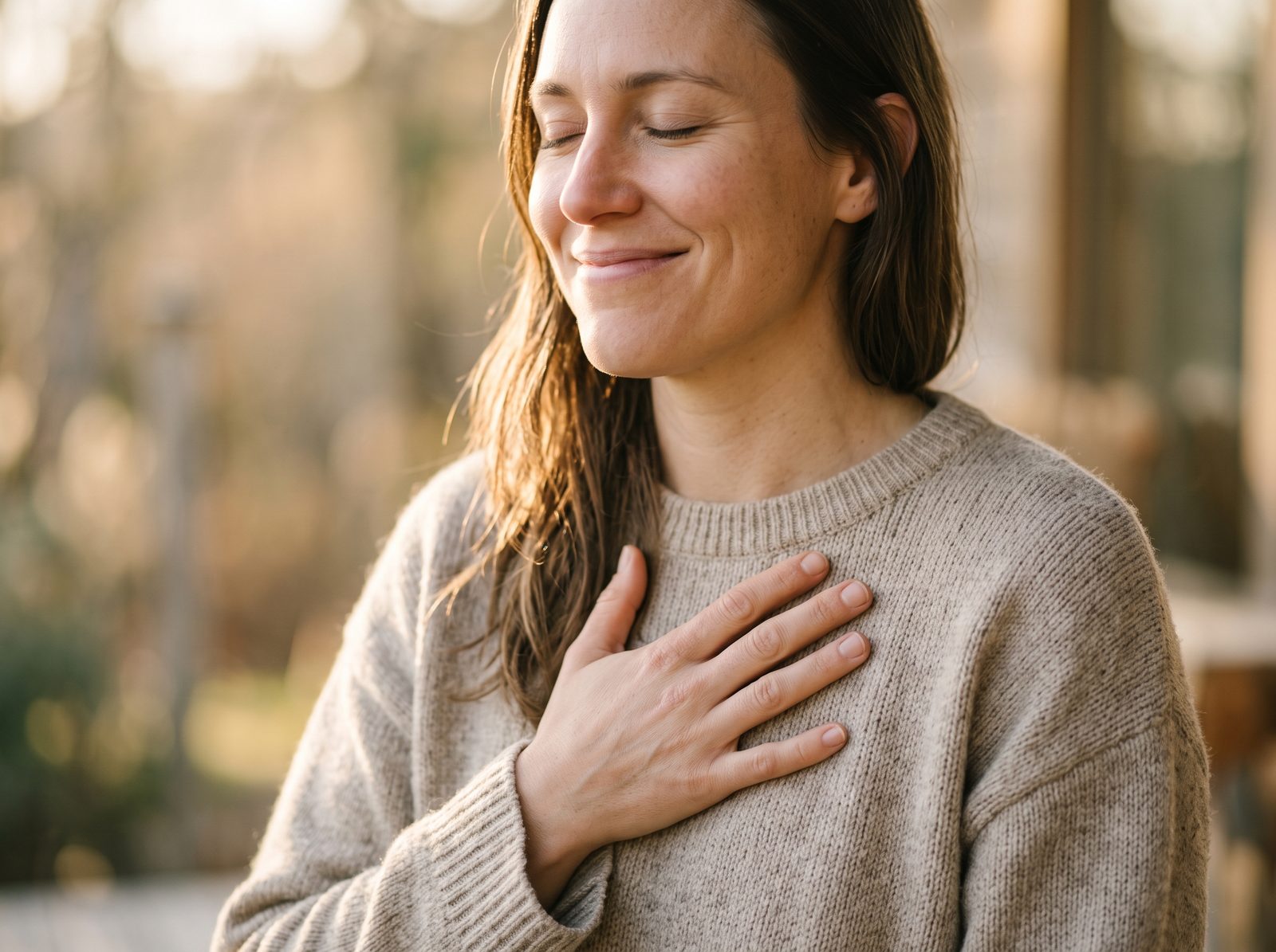 Person with a hand on their heart, eyes closed and smiling