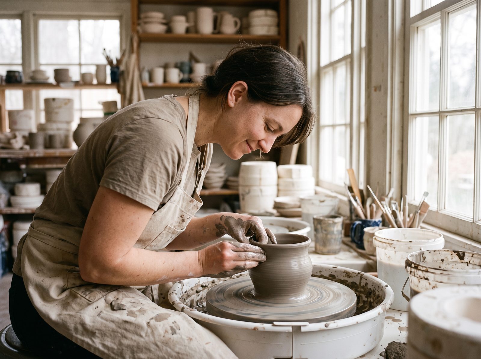 Person happily absorbed in shaping clay on a pottery wheel
