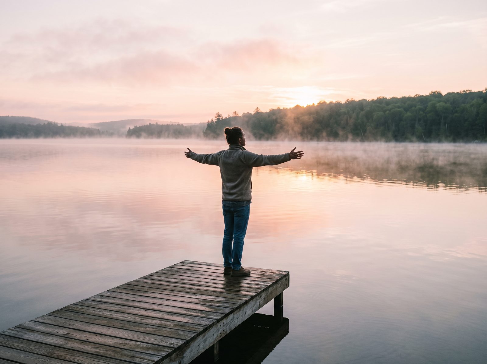Person on a lakeside dock at sunrise with arms open