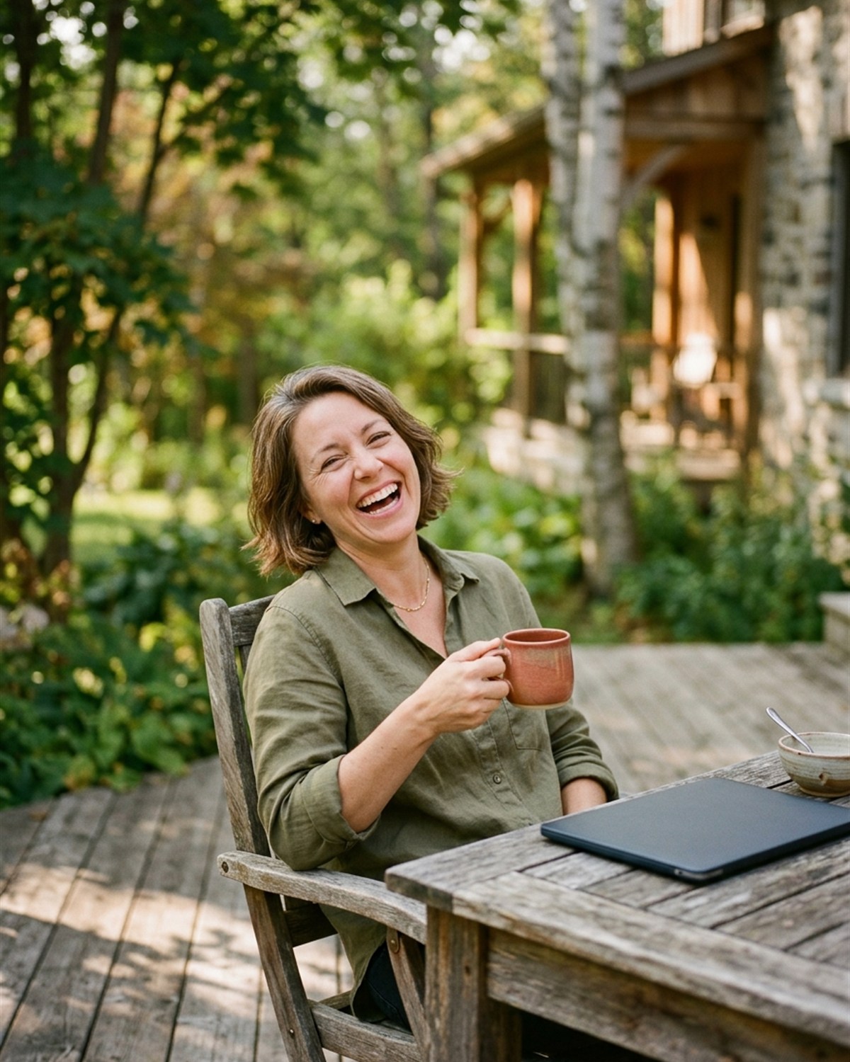 Business owner laughing on a sunny terrace with a coffee, laptop closed