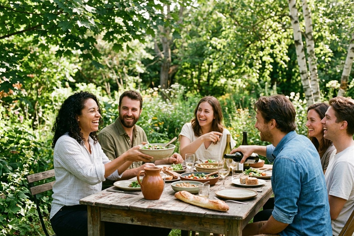 Friends sharing a relaxed outdoor lunch in a garden